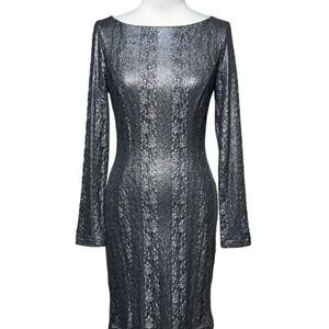 Cache Long Sleeve Grey Metallic Sheath Dress Size 2